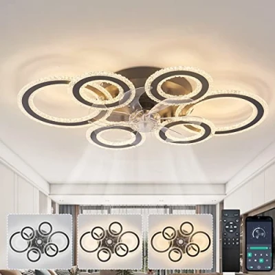 Imagen de Ventilador Techo con Luz y Mando a Distancia, Moderno Plafon 6 Lamparas de Anillo, 108W LED Regulable, Motor DC Reversible, Velocidades, Negro