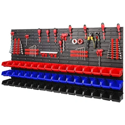 Imagen de Sistema de Almacenamiento Pared 1544 x 780 mm 48 Cajas apilables con Placas + Soporte para Herramientas Juego XXL 84 Elementos (Rojo/Negro/Azul)