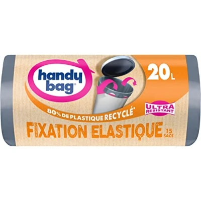 Imagen de Handy Bag Rollos de 15 bolsas basura 20 L, cierre elástico, 80% plástico reciclado, elástico con asas deslizantes, 3 capas a prueba fugas, 45 x 50 cm