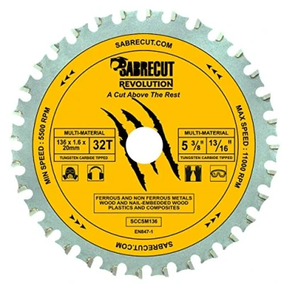 Imagen de 1 hoja de sierra circular SabreCut SCCSM136_32 136 mm, 32T x 20 16 metal, madera, plástico, compatible con Bosch, Dewalt, Makita, Milwaukee y muchos otros