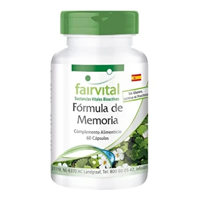 Imagen de Fairvital Fórmula de memoria Bacopa Monnieri + Ginkgo Biloba Fosfatidilserina Taurina y Ácido fólico VEGANA Dosis elevada 60 Cápsulas Calidad Alemana