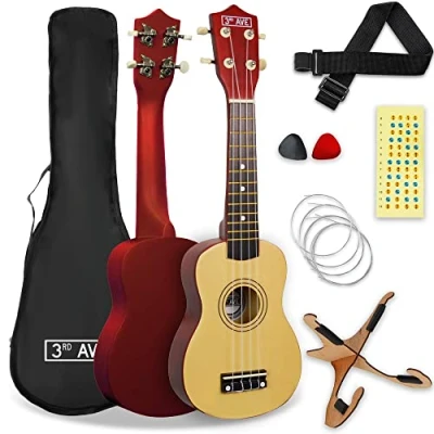 Imagen de 3rd Avenue Pack de ukulele soprano para principiantes 21 pulgadas Con funda, soporte, correa, cuerdas, púas y marcadores adhesivos el diapasón Natural