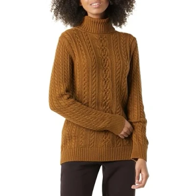 Imagen de Amazon Essentials Jersey de Cuello Vuelto y Punto Cable Tipo Pescador (Disponible en Tallas Grandes) Mujer, Castaño Oscuro Mezcla, XXL Grande