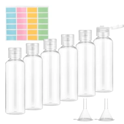 Imagen de Botella de Viaje, Romon 6 Pack Botes Viaje Rellenables 100ml Champu Ducha Recargables Transparentes Portátiles Travel Bottles para Champús, Lociones y Artículos Tocador