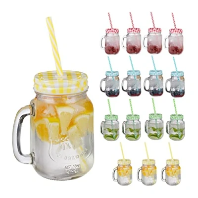 Imagen de Relaxdays Jarras con Tapa y Pajita, Set de 16 Jarritas Limonada, 500 ml, Vasos Retro Veraniegos Asa, Multicolor