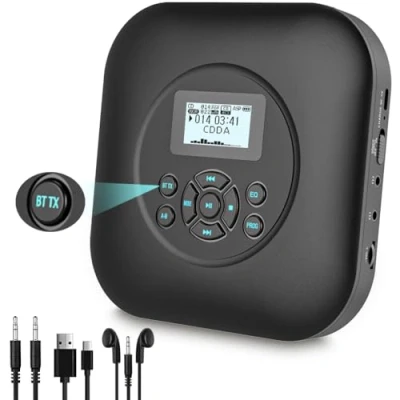 Imagen de Reproductor de CD portátil Bluetooth con Altavoz, Recargable 1800 mAh protección antigolpes, Auriculares y Cable AUX para Coche, casa Viajes.