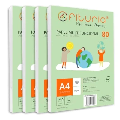 Imagen de Paquete de folios A4 80gr con 1000 Hojas Blancas, Papel Multifuncional para Uso Escolar y Entornos Laborales. Ideal impresoras láser, inyección o fotocopiadoras Ofituria