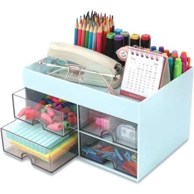 Imagen de KAHEIGN Organizador de Escritorio con 4 Cajones, 19CM x 14CM Multifuncional Portalápices Gran Capacidad Maquillaje para Oficina Escuela Hogar Mesa (Azul)