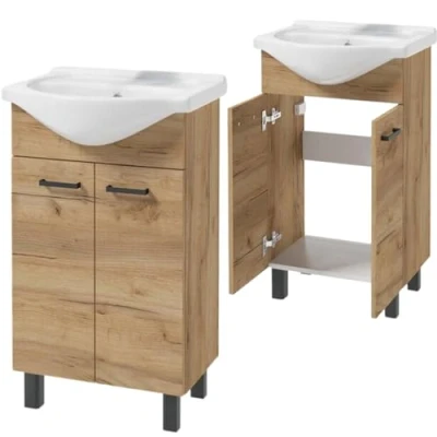 Imagen de Domodomo mueble de baño con lavabo, 85 x 50 41 cm, pie cajón y armario inferior, lacado, elegante juego lavabo cerámica
