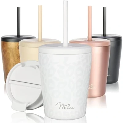 Imagen de Milu Termo Cafe 300ml, 400ml, 500ml Vaso Termico Antigoteo, Taza Termica acero inox sin BPA, Insulated Mug para llevar (White Leopard, 300ml)