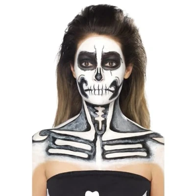 Imagen de Smiffys Kit de esqueleto con látex líquido, cajas maquillaje blanco y negro 2 esponjas, 29.57ml/1 US fl.oz