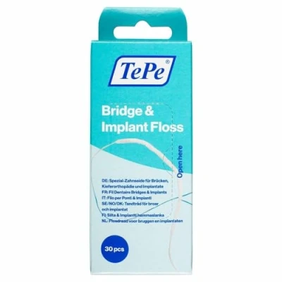 Imagen de TePe Bridge &amp; Implant Floss, 30 ud., hilo dental ancho apto para brackets, puentes e implantes, herramienta eficaz eliminar la placa interdental