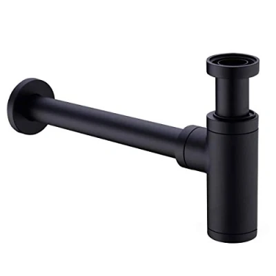 Imagen de trampa de latón para botellas 1 1/4, redonda decorativa en P, trampas residuos ajustables, tubo drenaje fontanería lavabo baño, color negro mate