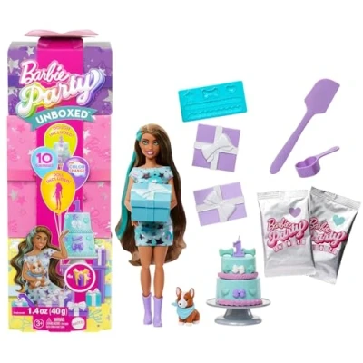 Imagen de Barbie Party Unboxed Serie Cumpleaños de Mascotas Estrellas Fiesta Muñeca y Accesorios, Conjunto con 10 sorpresas, como Cambio Color función decoración Pasteles, JFG72