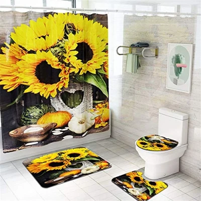 Imagen de Enhome Juego de 4 Piezas Alfombra baño Antideslizante + Tapa Inodoro Alfombrilla Cortina Ducha, Estampado Floral (Girasol A)