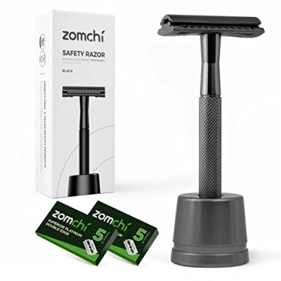 Imagen de ZOMCHI Maquinilla de afeitar seguridad para hombres, con soporte afeitadora, doble filo mango textura, se adapta a todas las cuchillas (Negro)