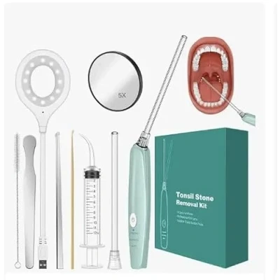 Imagen de MiBrush Kit eléctrico de eliminación piedras amígdalas, pipeta succión instantánea, jeringa irrigadora, espejo aumento 5X y depresor lengua, elimina las amígdalas