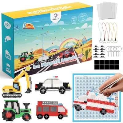 Imagen de La Manuli Cuentas para Planchar Set Completo de Manualidades DIY Niños Fuse Beads Kit 6000 Piezas, 10 Colores, Plantillas Vehículos, Llaveros y Imanes, Flexibles 5mm