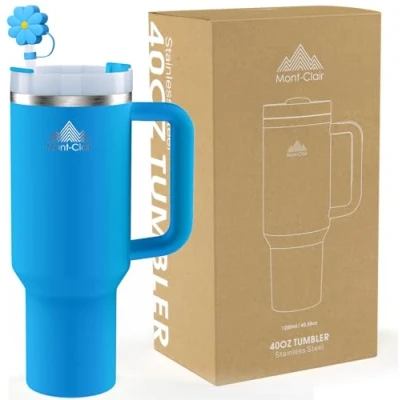 Imagen de Tumbler 40oz Taza Termica Cafe para llevar con Pajita y Tapa Vaso Termico Acero Inoxidable Asa Bebidas frías calientes Fría durante 10 horas Helada 48 1200ml Azul