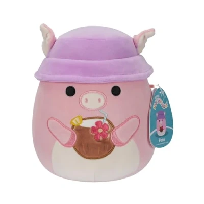 Imagen de Squishmallows SQCR05382 la Vache Rose Peter The Pink Pig con Bebida Tropical y Sombrero de Cubo, Multicolor