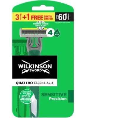 Imagen de Wilkinson Sword Quattro Sensitive Maquinillas de Afeitar Desechables con 4 Hojas Flexibles y Banda Lubricante Aloe Vera, Pack Promocional 3 + 1 Unidades