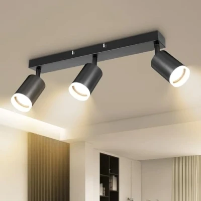 Imagen de Dehobo Lámpara de Techo con 3 Focos Giratorios, Pared Interior LED Negro Ajustables GU10, Foco para Iluminación Dormitorio Pasillo Cocina, Sin Bombilla