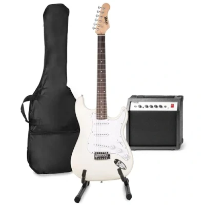 Imagen de MAX GigKit kit de guitarra eléctrica, amplificador 40W, soporte guitarra, funda afinador cable instrumento, correa y accesorios Blanco