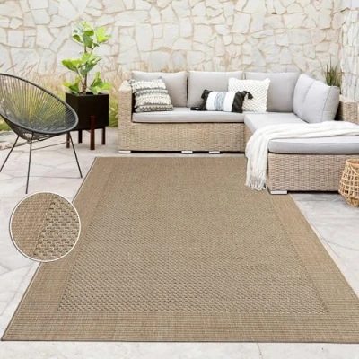 Imagen de Paco Home Alfombra Interior Y Exterior Balcon Cocina con Ribete Óptica Sisal Lisa Beige, tamaño:80x150 cm