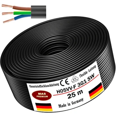Imagen de Cable de plástico flexible H05VV F 3G0,75; 3G1; 3G1,5 o 3G2,5, color negro, 25 m.