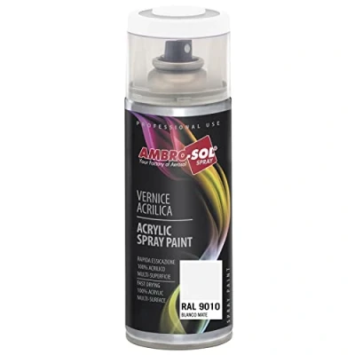 Imagen de AMBRO SOL Pintura acrílica en spray, color Blanco Brillo 2, RAL 9010, resultado profesional múltiples superficies, exteriores e interiores, 400 ml