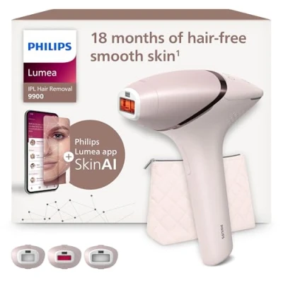 Imagen de Philips Lumea serie 9900, dispositivo de depilación IPL, alternativa láser, SenseIQ y SkinAI, 3 accesorios para el cuerpo, la cara zonas precisión, con sin cable, BRI953/02