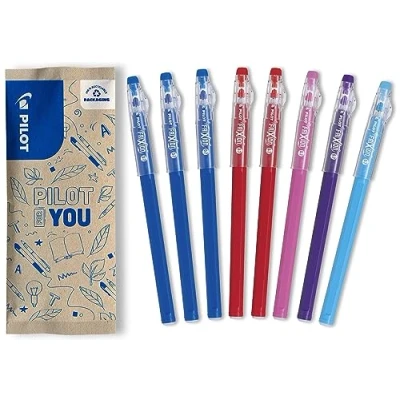 Imagen de PILOT Set de 8 bolígrafos FriXion Ball Stick Tinta gel borrable 3 Azul, 2 Rojo, 1 Rosa, Púrpura, Azul el bolígrafo económico Para poner en estuche Artículos escolares