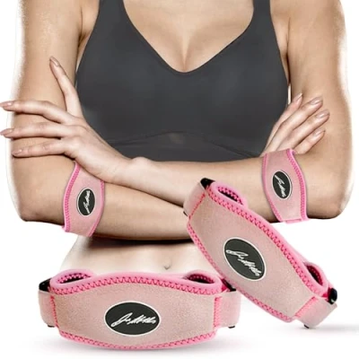 Imagen de Codera Epicondilitis y Epitrocleitis Cincha Codo Tenista Golfista para Brazo Izquierdo Derecho Hombre Mujer Incluye Libro Manual de Rehabilitación Escrito por Médico [Rosa, Par]