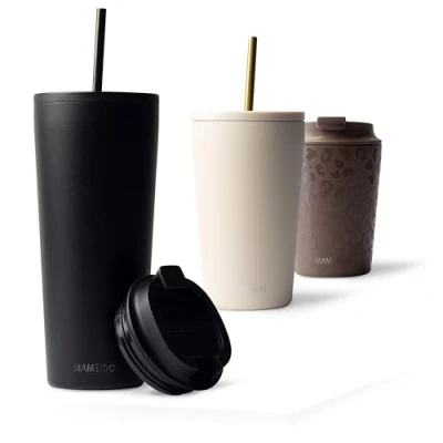 Imagen de MAMEIDO Termo Cafe con Pajita y Tapa 700ml Vaso Termico Antigoteo, Taza Termica acero inox sin BPA, para llevar (Rich Black, 0,7l)