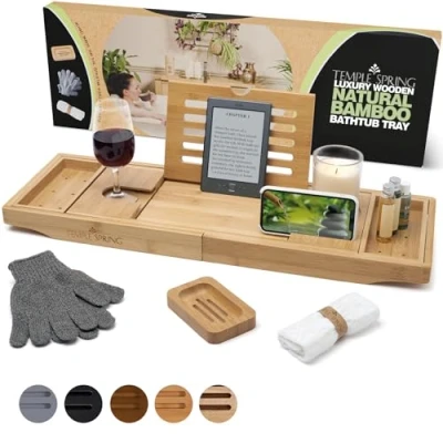 Imagen de Temple Spring bandeja de baño extensible para bañera con velas, copas vino, libros, iPad y soportes teléfono, ajustable mesa sobre la accesorios baño, madera