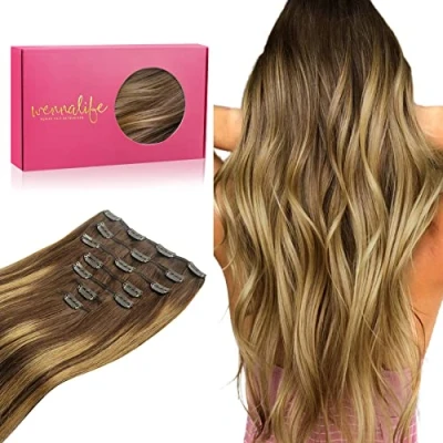Imagen de WENNALIFE Extensiones Clip Pelo Natural, 45cm 120g 7 Piezas, Balayage Marrón Chocolate a Rubio Caramelo de Natural Remy Cabello Postizos Mujer