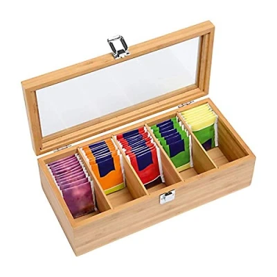 Imagen de CMOISO Caja para Té de Bambú, Cajas Infusiones, Madera Multifuncional 5 Compartimentos, Almacenamiento Bolsitas con Tapa Transparente