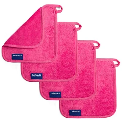 Imagen de LaBeauté Toalla desmaquillante cara 4 unidades Limpieza facial y microfibra lavable reutilizable 21x21cm Rosado