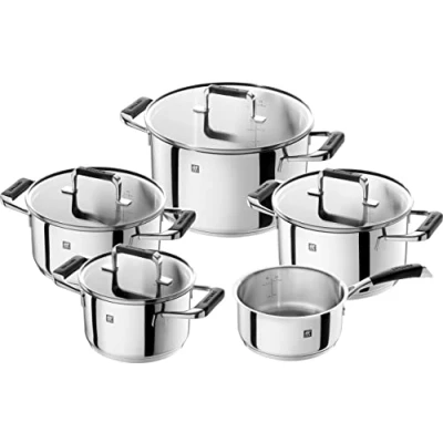Imagen de Cornelia Poletto by ZWILLING Batería de cocina (5 piezas, apta para inducción, acero inoxidable, con tapa cristal, asas silicona), color plateado