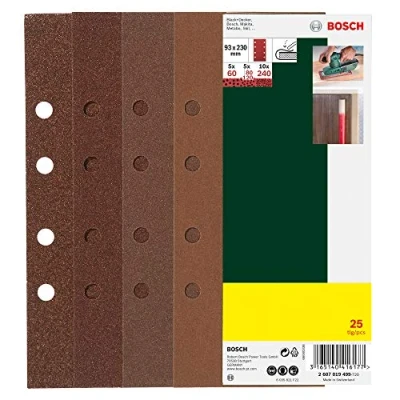 Imagen de Bosch 2607019499 Paquete de 25 lijas para lijadoras orbitales (93 x 230 mm, 8 Perforaciones, Grano), GR 60, 80, 120, 240