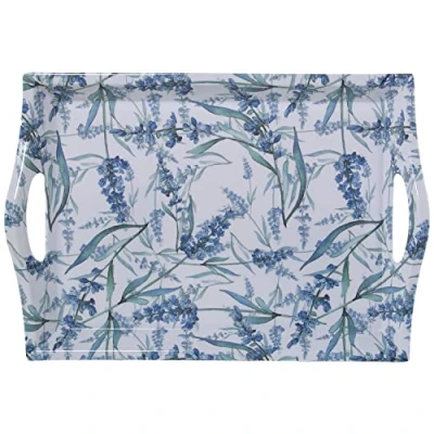 Imagen de DRW Bandeja Rectangular de melamina con Asas y Flores en Azul Blanco 5x31x44 cm