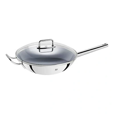 Imagen de ZWILLING Wok, Incluye tapa de vidrio e inserto rejilla extraíble, Con mango largo, Apto para la inducción, Ø 32 cm, Acero inoxidable