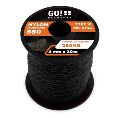 Imagen de GO!elements 30m Paracord de Nylon a Prueba desgarros 4mm 550 Typo III Cuerda Adecuado como Yute &amp; Gruesa MAX. 250kg, Color: Negro
