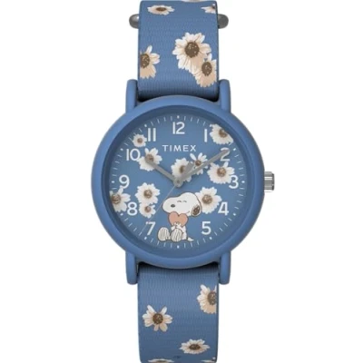 Imagen de Timex Peanuts Reloj de 34 mm unisex, tela azul una sola capa Slip thru, esfera azul, caja TW2W33500