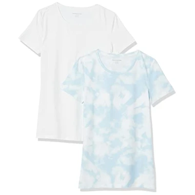 Imagen de Amazon Essentials Camiseta de Manga Corta con Cuello Redondo y Corte Recto Mujer, Pack 2, Azul Teñido Anudado/Blanco, XS