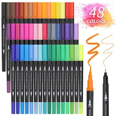 Imagen de Owelth Rotuladores Acuarelables, 48 Colores Punta Pincel Doble Punta, Lettering Kit Plumones para Niños y Adultos, Mandalas Graffiti Caligrafía