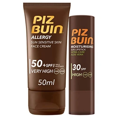 Imagen de Piz Buin, Allergy, Pack con Protector Solar Facial SPF 50 y Labial 30, ml