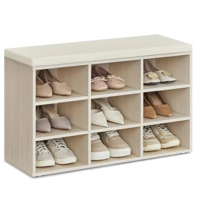 Imagen de VASAGLE Banco Zapatero, Zapatero con Asiento, Cojín y 9 Compartimientos, Estantes Ajustables, para Entrada, Sala de Estar, 30,3 x 78,5 48 cm, Beige Natural LHS009K01