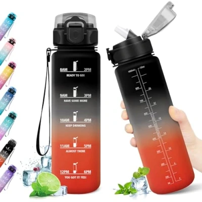 Imagen de KollyKolla Botella Agua 1 litro, Motivadora, de con Pajita, Prueba Fugas, Reutilizable Cantimplora para Adulto, Colegio, Gimnasio, Oficina, Bicicleta, Gym, Fitness