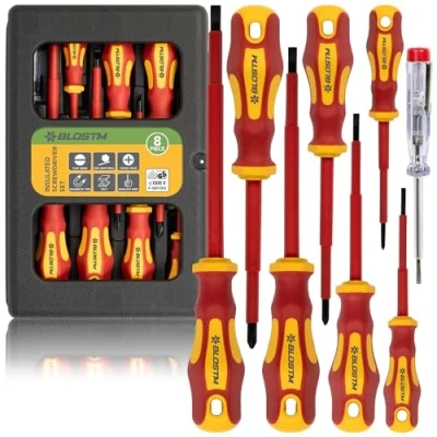 Imagen de BLOSTM juego de destornilladores aislados, 8 eléctricos probados por VDE a 1000 V, punta negra endurecida con diseño antivuelco,